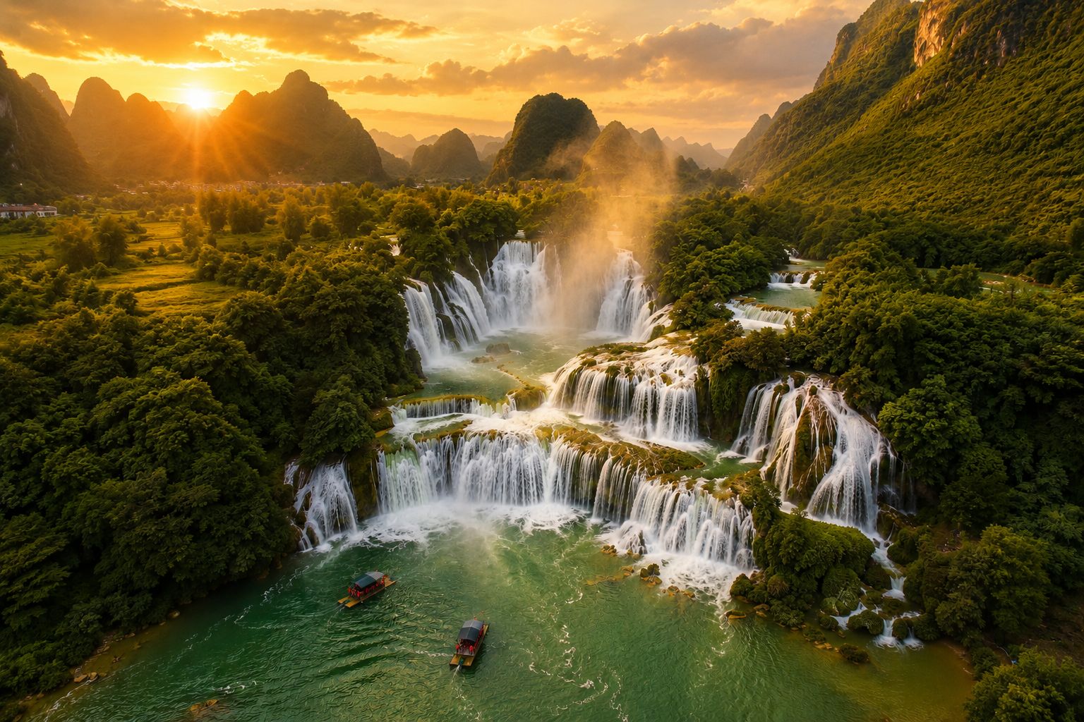 Ban Gioc waterfall on the Vietnam–China border in northeast Vietnam at peak water flow in late September.